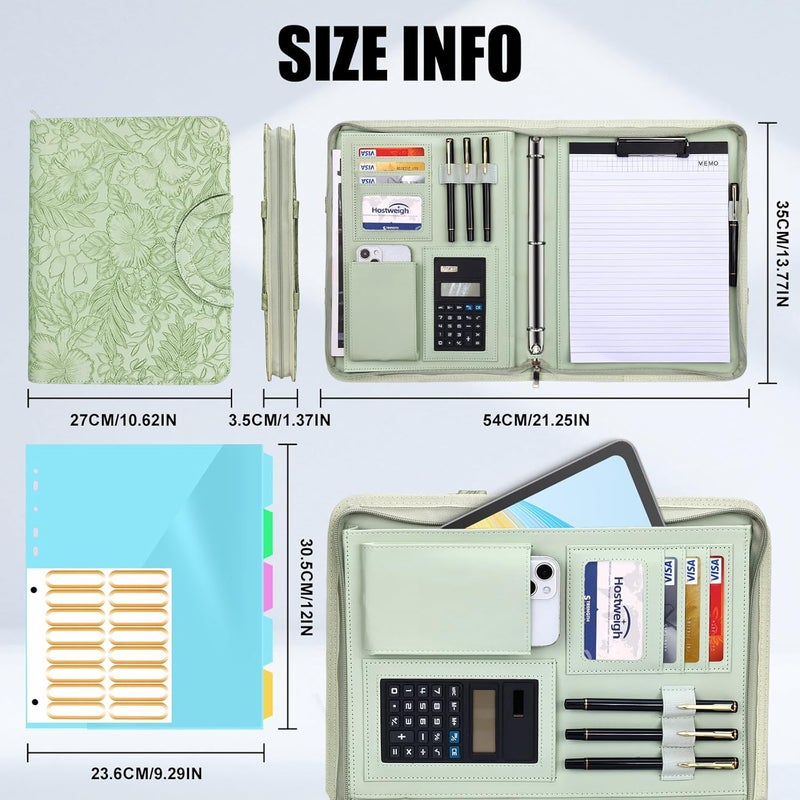 NATISERAUM Portfolio Binder - 3 Ring Binder with Handle, Vegan Leather Business Padfolio Folder with Notepad, Includes 5 Dividers with 10 Pockets for Documents Files - Image 4